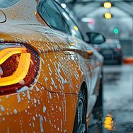 A yellow luxurious car covered in soapy bubbles is being cleaned at an automatic car wash