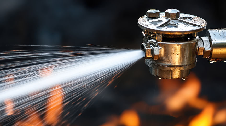 Industrial sprinkler head sprays a powerful stream of water to combat fire