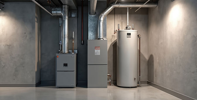 Basement utility room features gas furnace and water heater