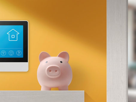 Smart home digital display on a wall with a piggy for smart home and energy saving technology concept