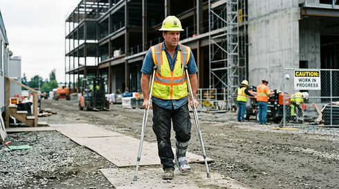 Construction worker on crutches at active building site with safety equipment and team