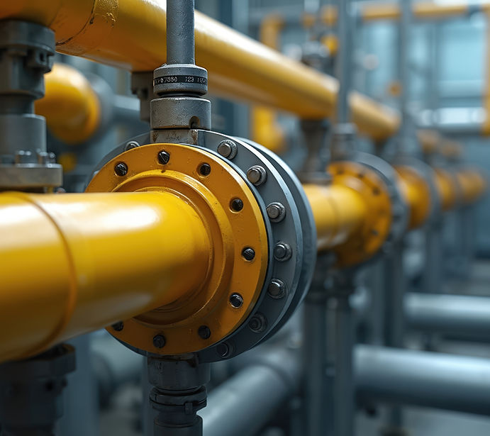 Close-up of yellow pipes with bolted flanges