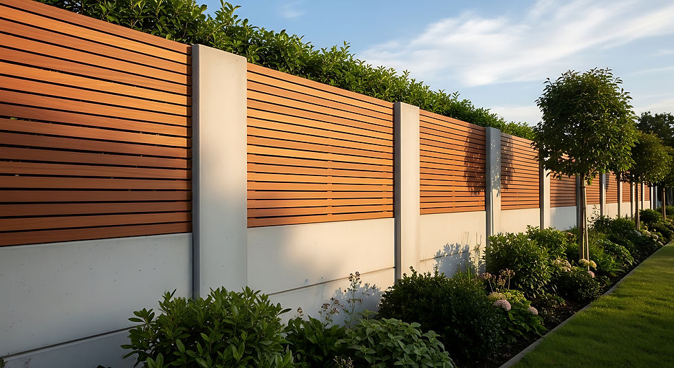 Stylish wooden fence with concrete posts and lush green garden setting