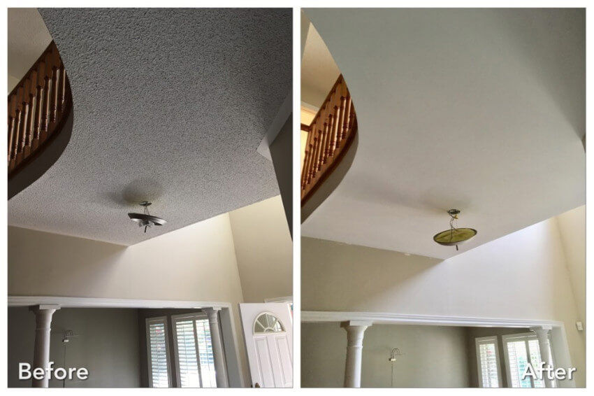 Before and after popcorn ceiling removal transforming textured ceiling into smooth finish

