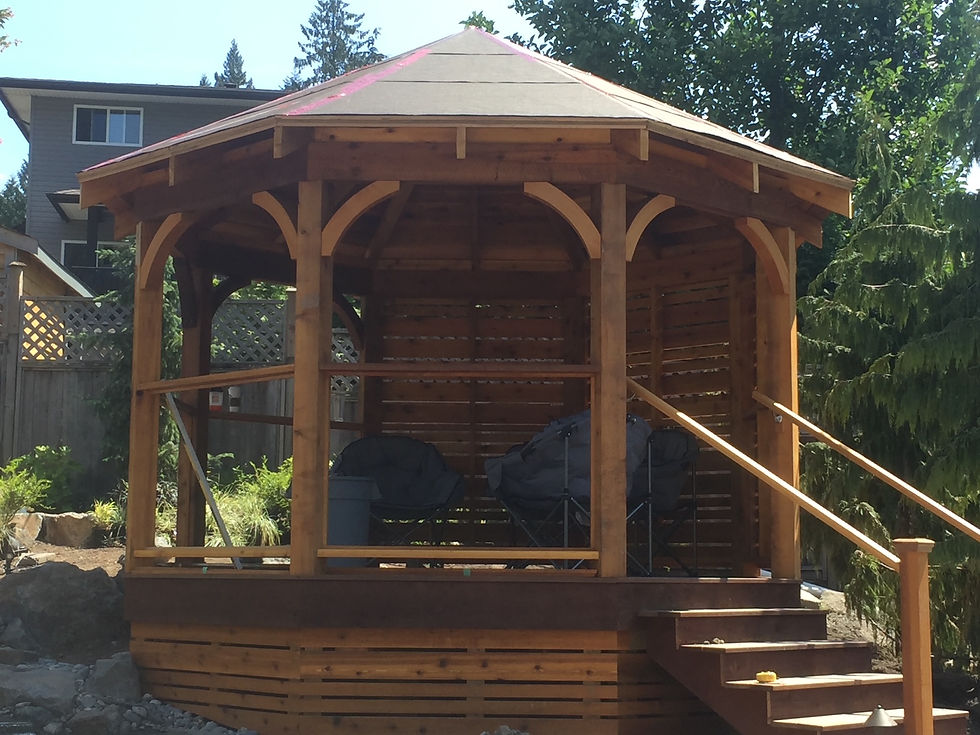 Backyard gazebo with a raised platform, railings, and a partially finished roof