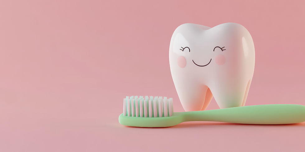 Happy tooth with toothbrush on pink background