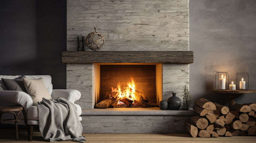 Photo of a cozy fireplace with stonewall