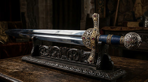 Ornate Medieval Sword on Decorative Display Stand
