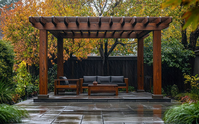 Rain-safe patio vignette with pergola and teak furniture in autumn
