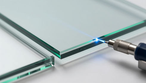 Precision laser engraving tool marking the edge of a thick piece of laminated safety glass
