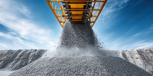 Conveyor belt dropping gravel onto a large pile at a quarry under a blue sky