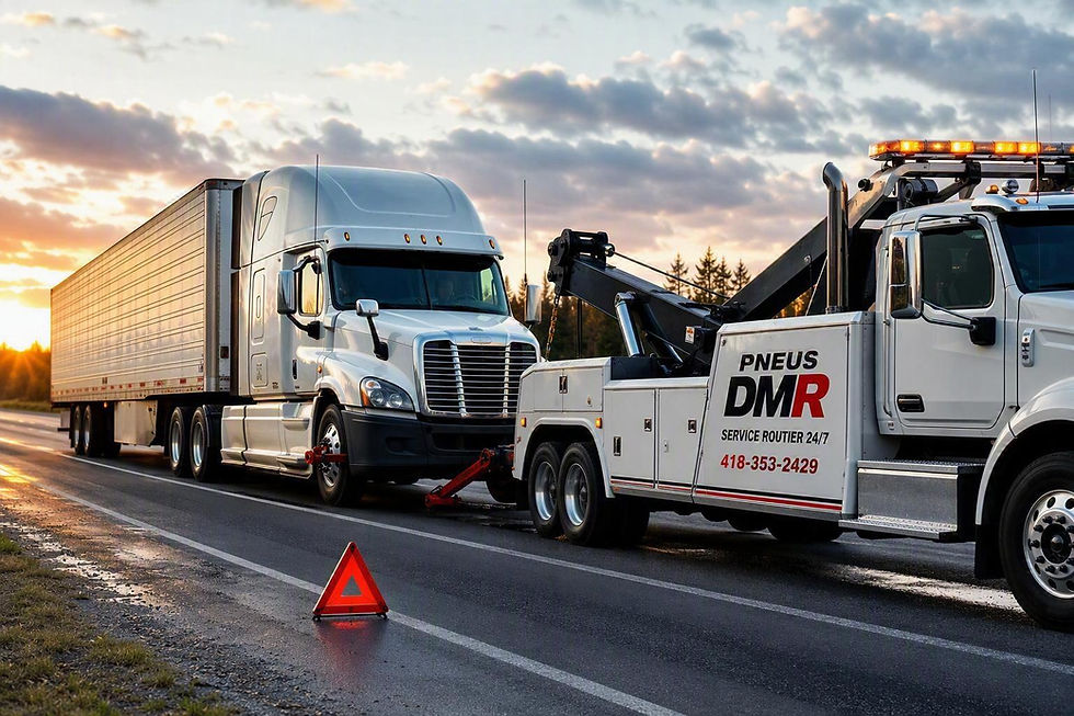 Technicien de service routier intervenant sur un pneu de camion lourd
