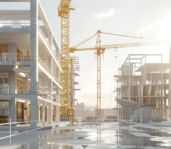 Construction site with multiple buildings under development, cranes in the background, and a reflective wet ground surface