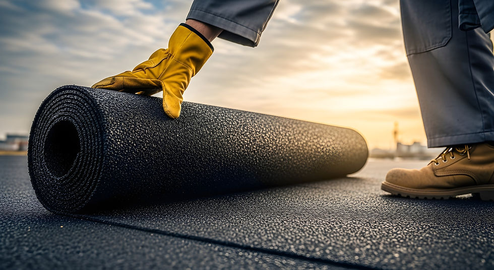 Roofer installing roofing felt on a flat roof during daylight hours