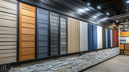 A display wall showcasing various siding textures and colors