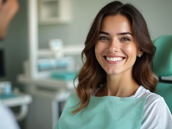 Attractive patient with perfect white teeth smiles after teeth whitening treatment