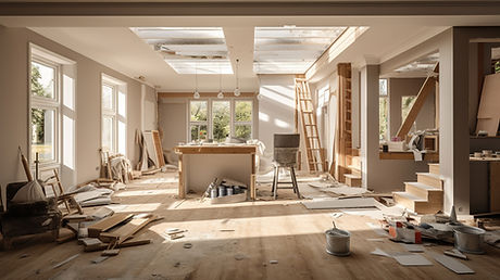 Renovation scene with scattered tools and materials in a sunlit room