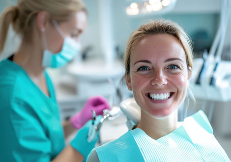 A cheerful dental patient smiles brightly while sitting in a modern dentist office