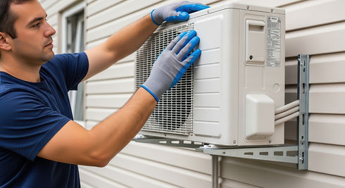 A man in a blue shirt and gloves installing an air conditioning unit on the side of a house