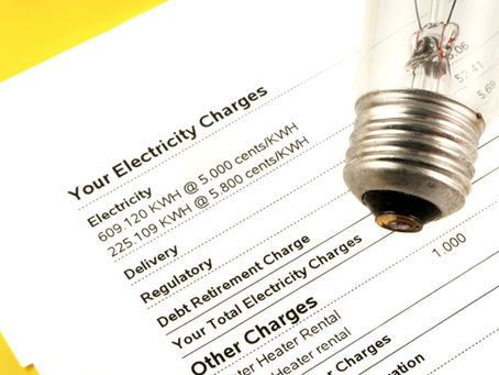 Electricity bill showing monthly charges with light bulb in top right corner of image