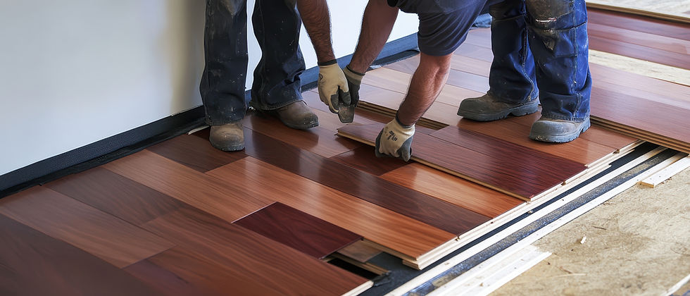 Skilled workers installing wooden flooring in a modern interior space