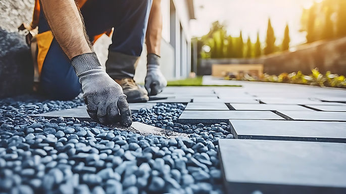 Landscaping contractor carefully installs paving stones