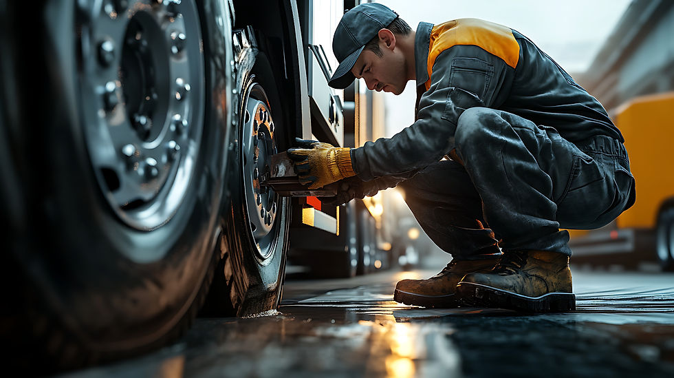 Mechanic repairs truck tire on city street during early morning