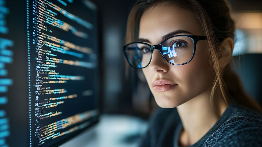 Focused female programmer analyzing code on screen