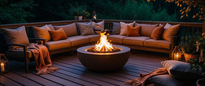 Cozy composite deck with a fire pit and comfortable seating, softly illuminated at night.