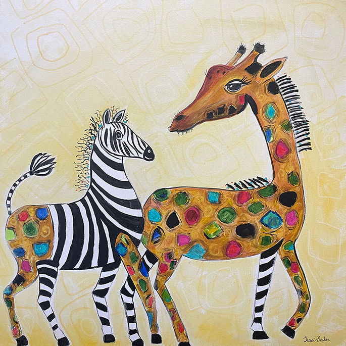 Colorful zebra and giraffe standing together against a warm yellow background, symbolizing friendship and joy.
