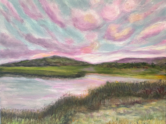  Soft pink and purple clouds reflecting on a calm lake surrounded by grassy fields under a twilight sky.