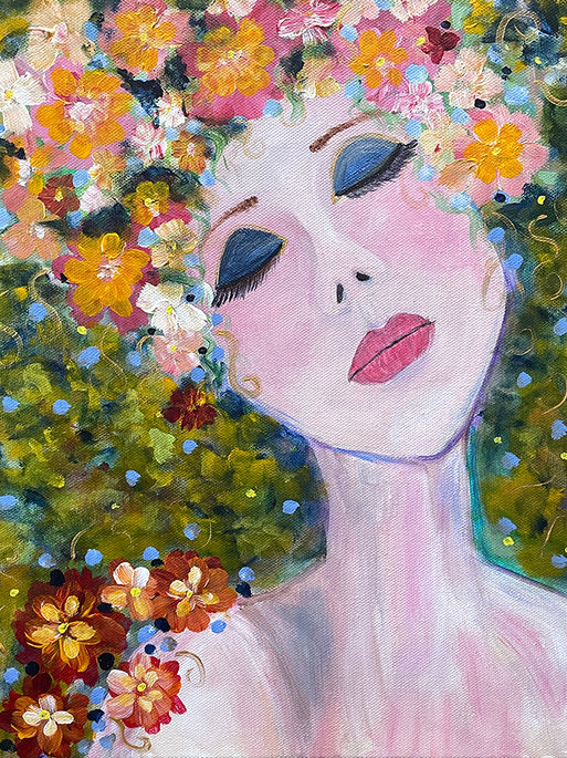  A dreamy painting of a woman with closed eyes and flowing hair surrounded by golden, coral, and pink flowers against a soft green garden background.
