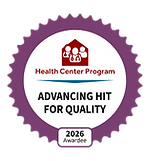 Website Badges for TOMAGWA include NHSC Site and HRSA, Charity Navigator, Gold ratings from the American Heart Association, and Advancing HIT for Quality Health Center Program
