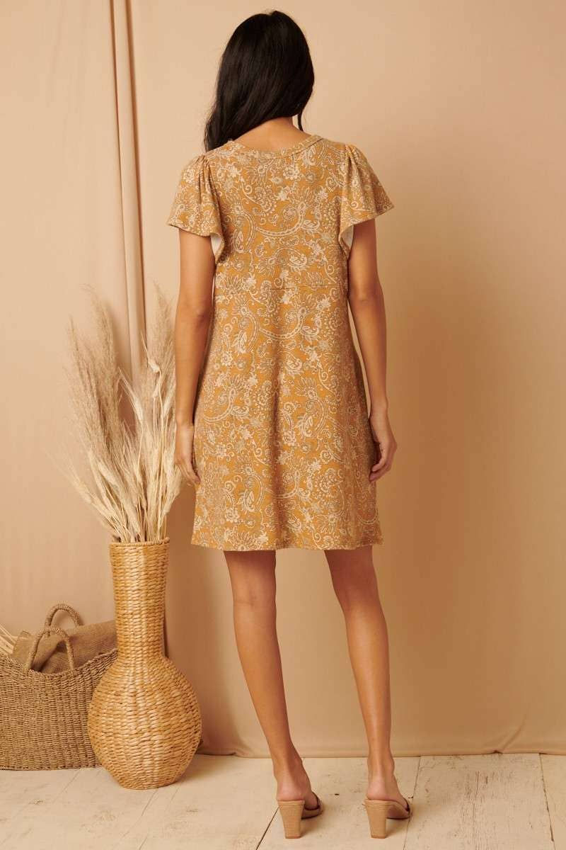 Thumbnail: PAISLEY PRINT BABYDOLL KNIT DRESS - MUSTARD