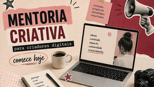 Ilustração em estilo colagem sobre mentoria criativa para criadores digitais, com notebook, câmera, megafone e elementos de planejamento de conteúdo.