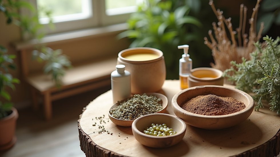 High angle view of a cozy home setting with natural healing herbs and wound care supplies