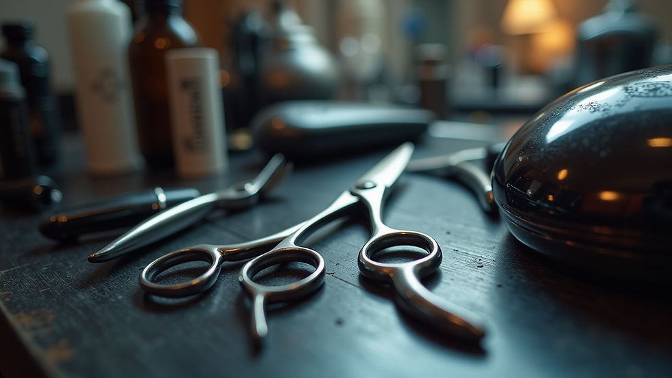 Eye-level view of a barber’s workstation with trimmers and shears neatly arranged