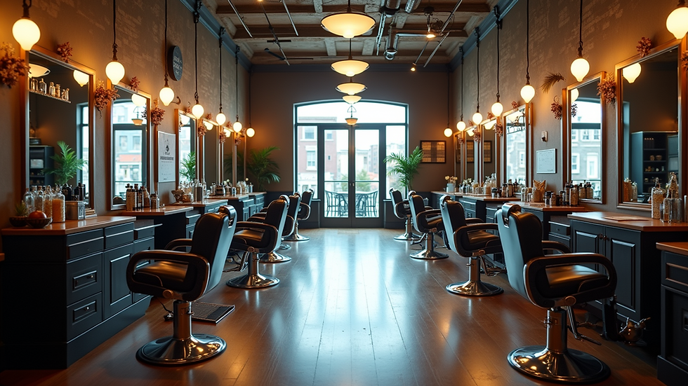 High angle view of a barbershop interior with stylish decor and haircut stations
