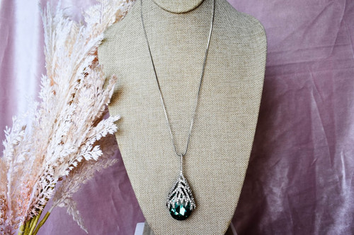 Silver Pendant Necklace with Green Teardrop Gemstone | My