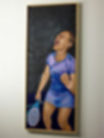 Acrylgemälde einer schreienden Frau auf dem Padelplatz, Moment der Erleichterung nach dem entscheidenden Punkt – Titel „Punto