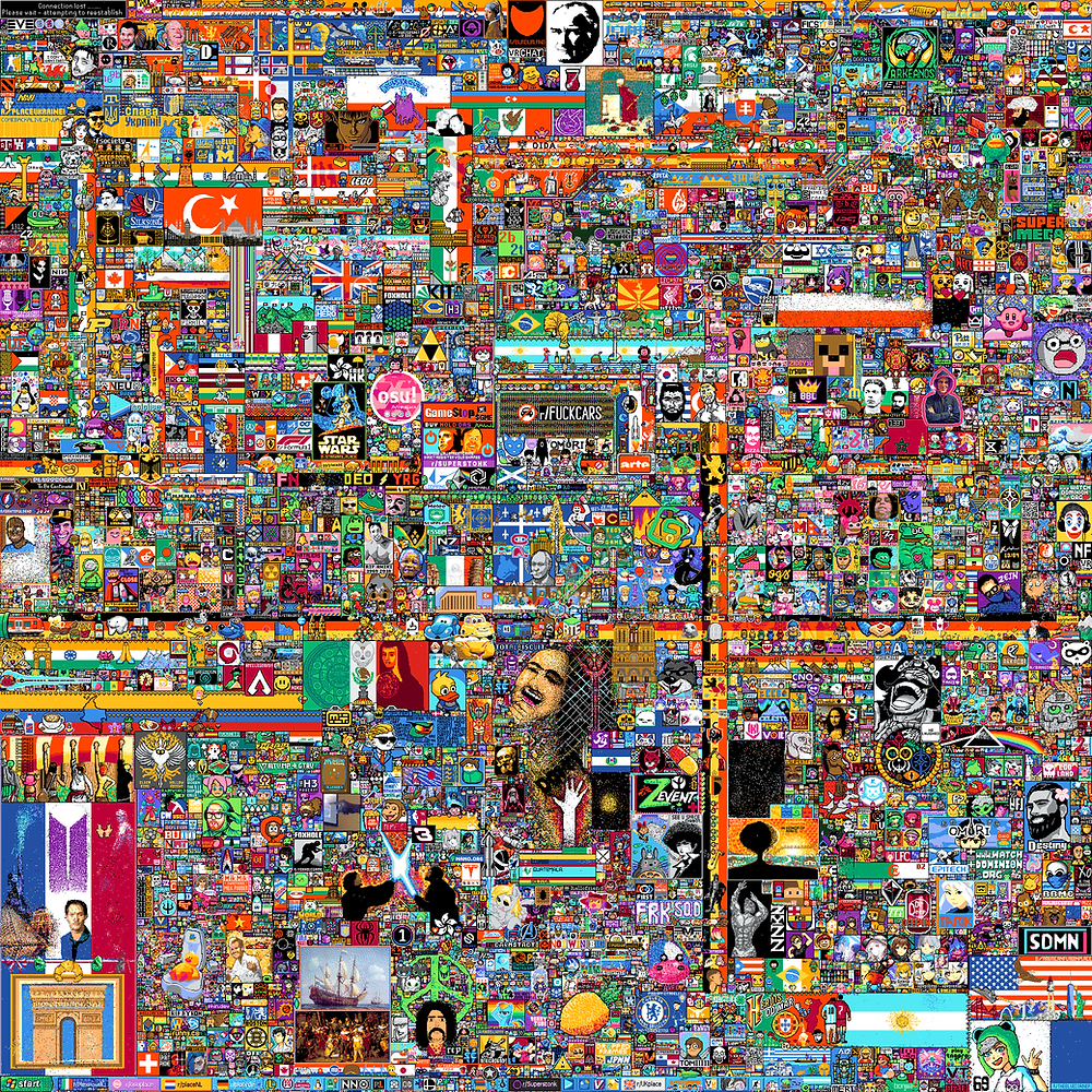 The final result of r/place 2022 before only white tiles were allowed to be placed by users.