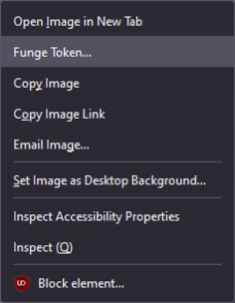 A Windows 10 right click menu, replacing save image to funge token.