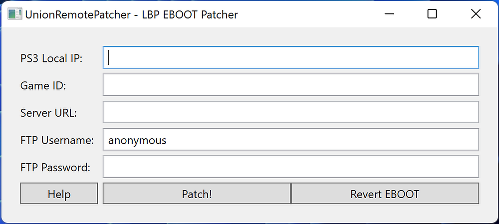 UnionRemotePatcher - LBP EBOOT Patcher, PS3 Local IP, Game ID, Server URL, FTP Username, FTP Password, Help, Patch!, Revert EBOOT