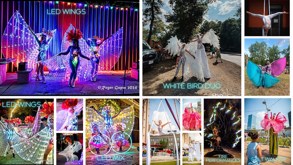 Stilt Walker, Aerial Silk performers dressed in LED Flower with Pink Flower Lilly and Green Stilt Covers
