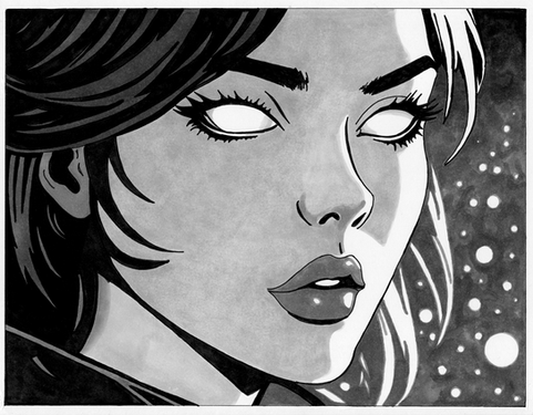 comic book ink grayscale drawing of a beautiful gorgeous heroic woman female art goggles sci fi outer space explorer