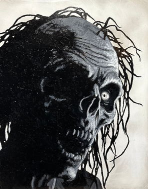 black and white grayscale oil painting of a demented monster creature with crazy eyes and dramatic hair zombie original art