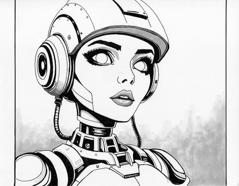 comic book ink grayscale drawing of a beautiful gorgeous heroic woman female art with white eyes cyborg science fiction fantasy