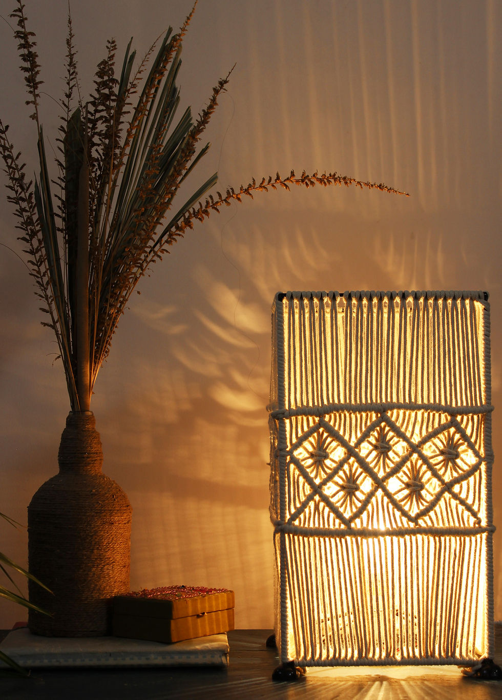 Diamond Weave Handmade Macrame Lamp Front view Lights on