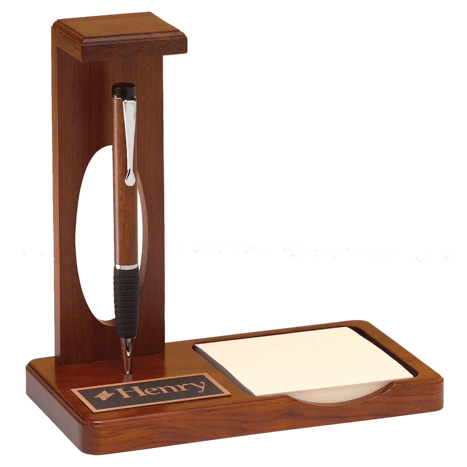 6 3/4" x 6 7/8" x 3 5/8" Floating Pen Desk Set with Memo Pad in Matte Teak wood