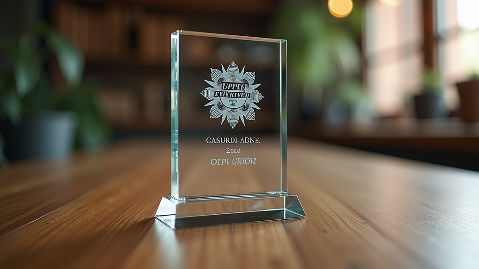 Eye-level view of a laser-engraved glass award on a wooden table